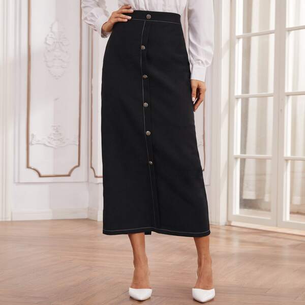 

Zip Back Button Front Straight Skirt, Black