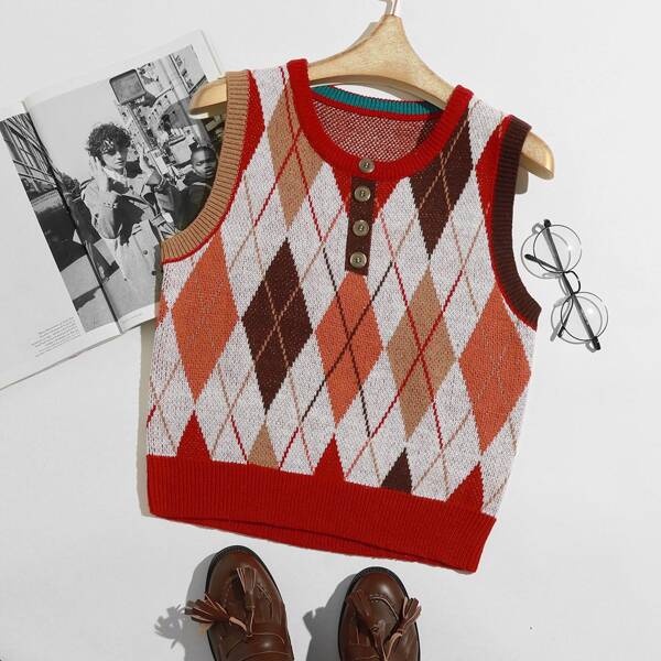 

Argyle Pattern Button Front Sweater Vest, Multicolor