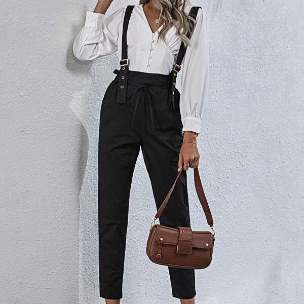 

Paperbag Back Waist Garment Eyelet Pocket Suspender Jumpsuit, Black