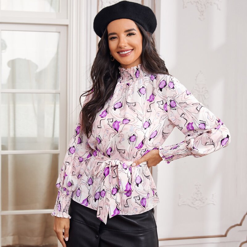 

All Over Print Stand Collar Shirred Detail Belted Blouse, Multicolor