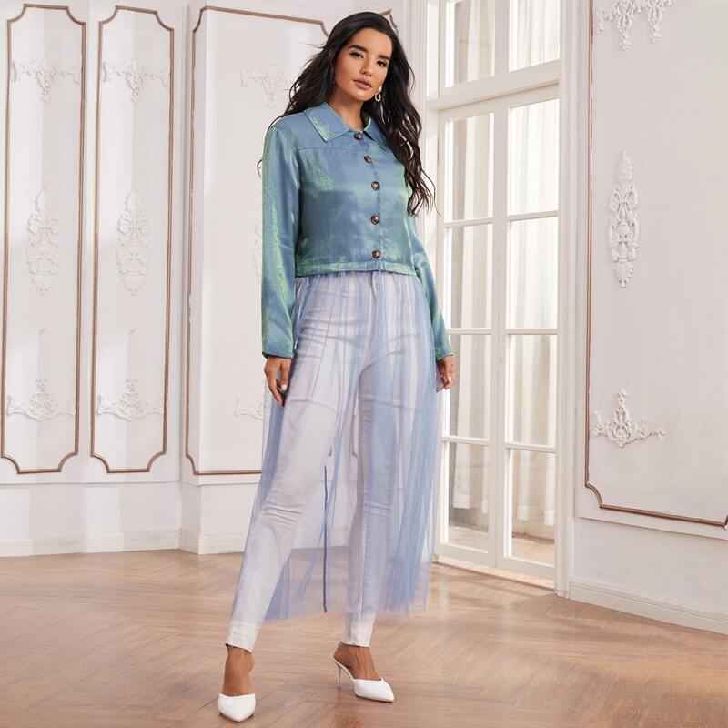 Contrast Mesh Single Breasted Coat, Dusty blue