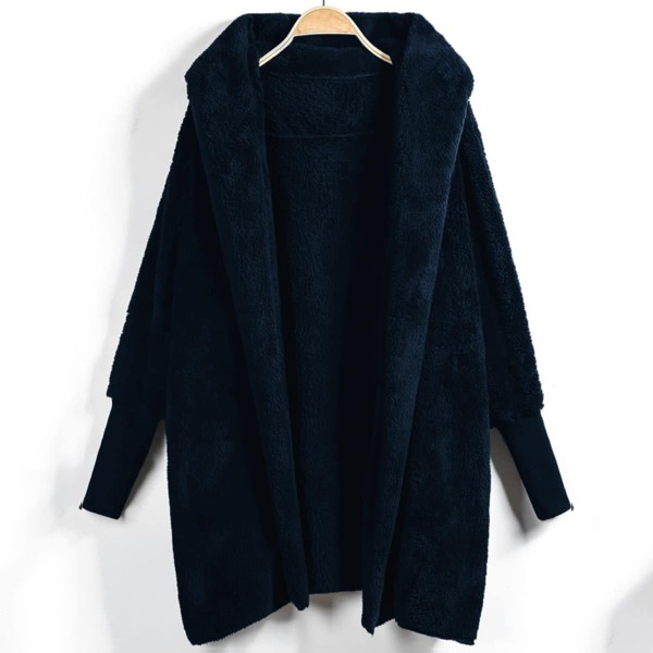 

Open Front Hooded Shearling Coat, Navy blue