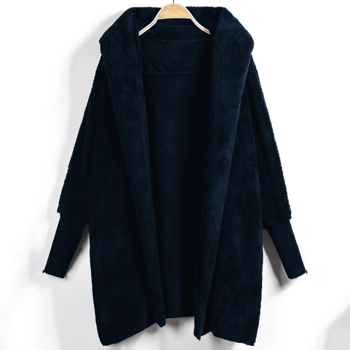 

Open Front Hooded Shearling Coat, Navy blue