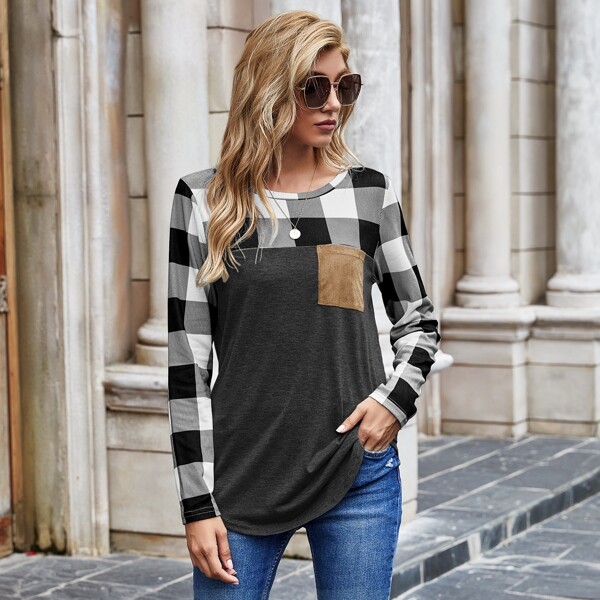 

Contrast Buffalo Plaid Pocket Front Tee, Dark grey