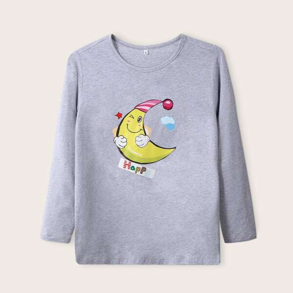 

Cartoon And Letter Print Tee, Light grey