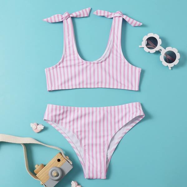

Girls Striped Tie Shoulder Bikini Swimsuit, Pink