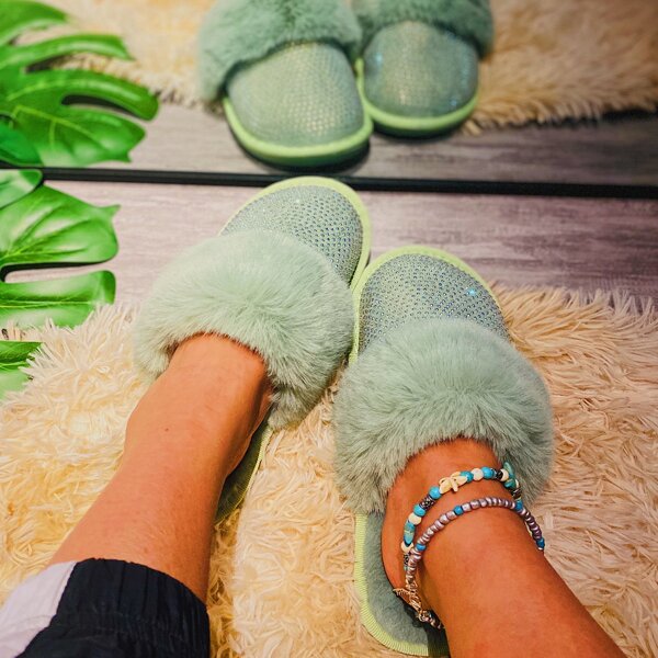 

Rhinestone Decor Fur Lined Slippers, Green