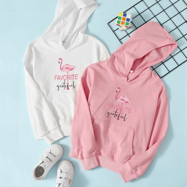 

Girls 2 Pack Letter and Flamingo Print Hoodie, Multicolor