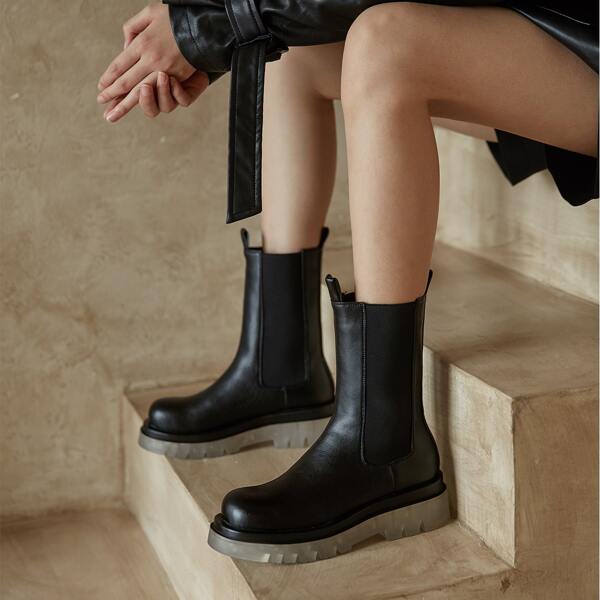 

Genuine Leather Breathable Mid Heeled Chelsea Boots, Black