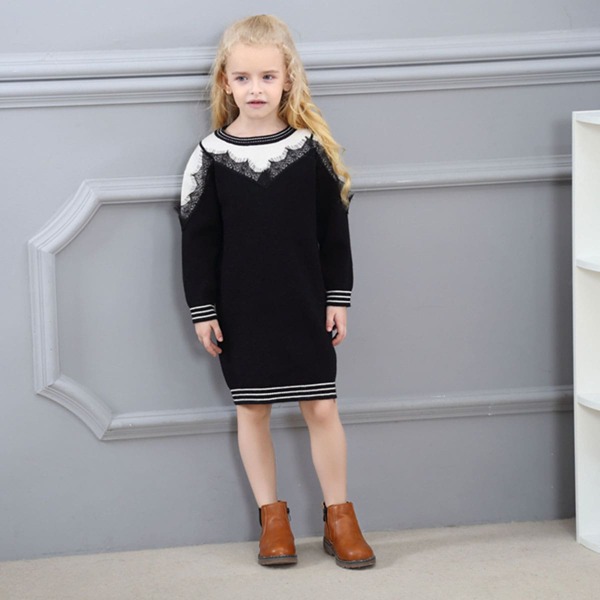 

Toddler Girls Colorblock Striped Hem Contrast Lace Sweater Dress, Black