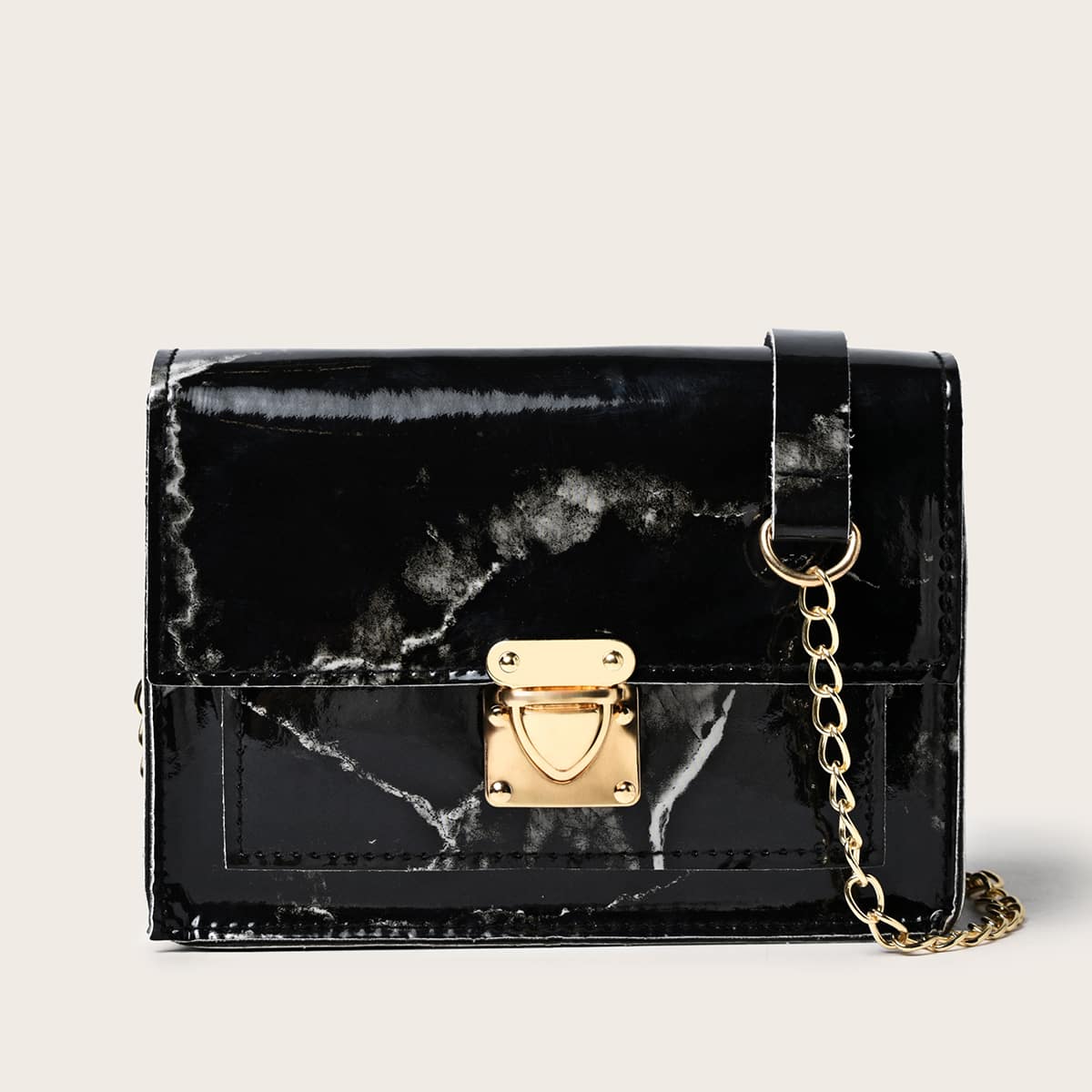 

Marble Pattern Push Lock Flap Crossbody Bag, Black