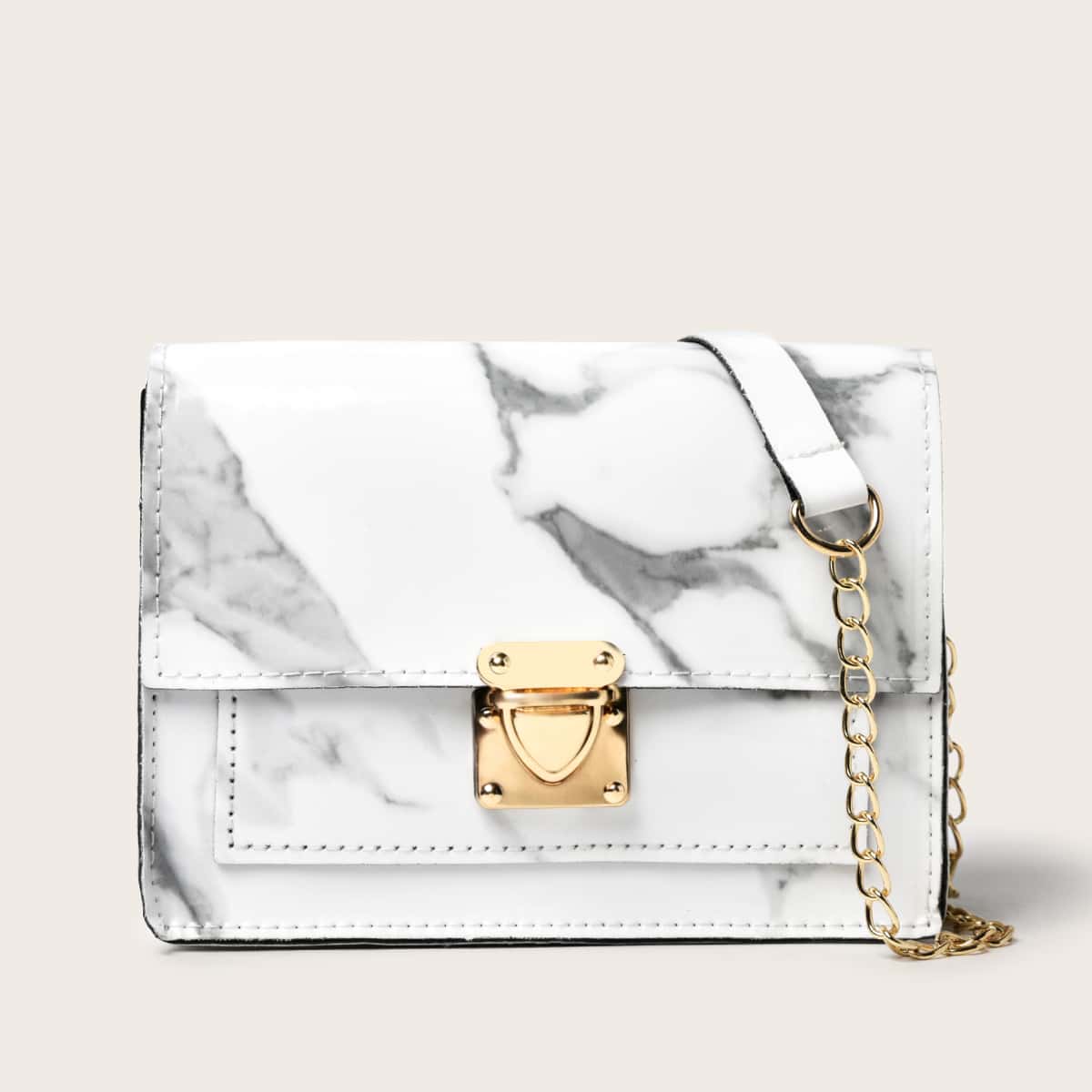 

Marble Pattern Push Lock Flap Crossbody Bag, White