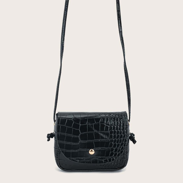 

Mini Croc Embossed Flap Crossbody Bag, Black