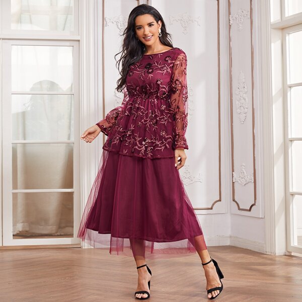 

Contrast Sequin Mesh Overlay Dress, Maroon