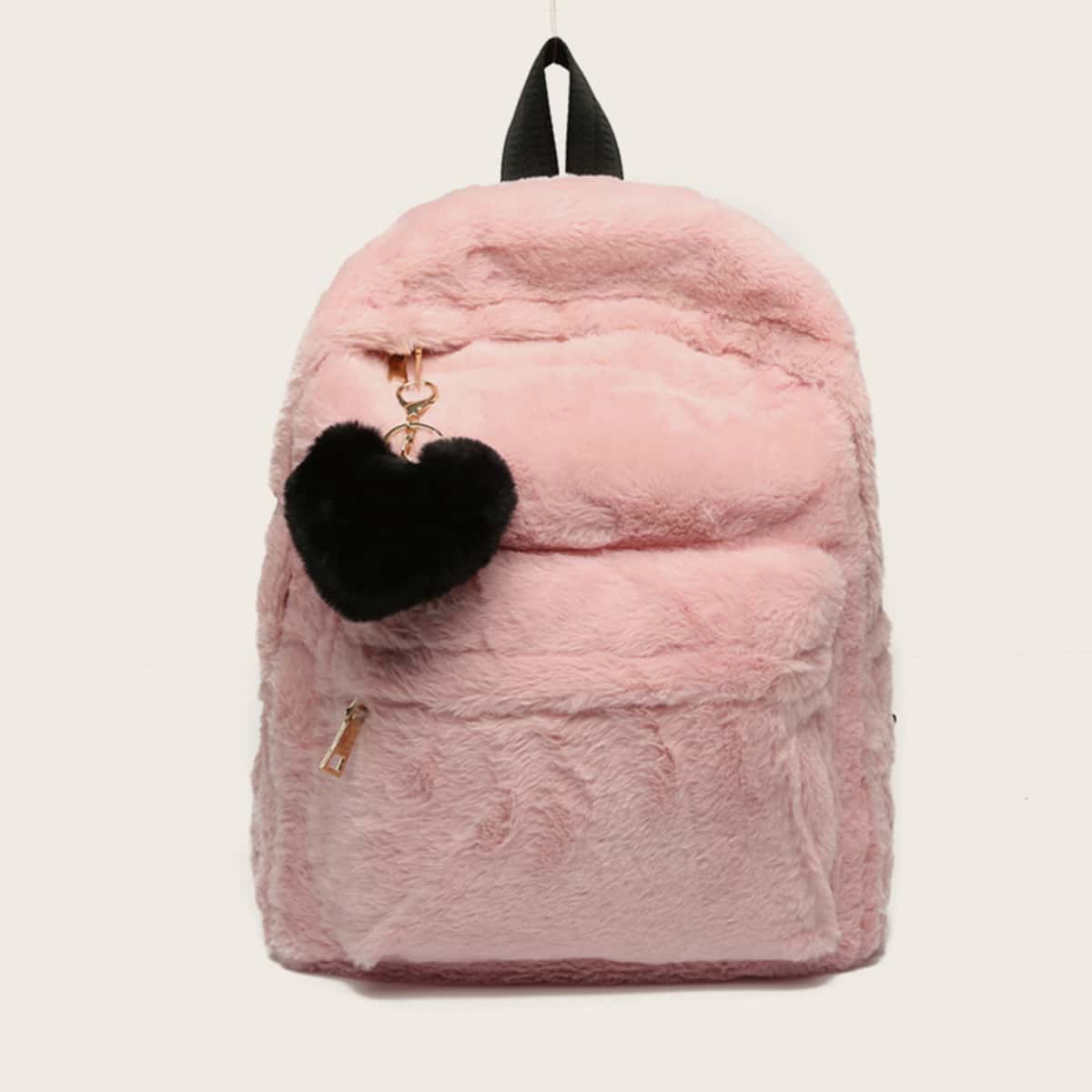 

Heart Decor Pocket Front Fluffy Backpack, Pink