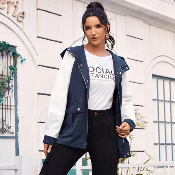 

Contrast Raglan Sleeve Hooded Jacket, Blue and white