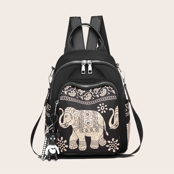 

Elephant Graphic Cartoon Charm Backpack, Black