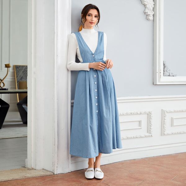 

Plunging Button Front Suspender Dress, Baby blue