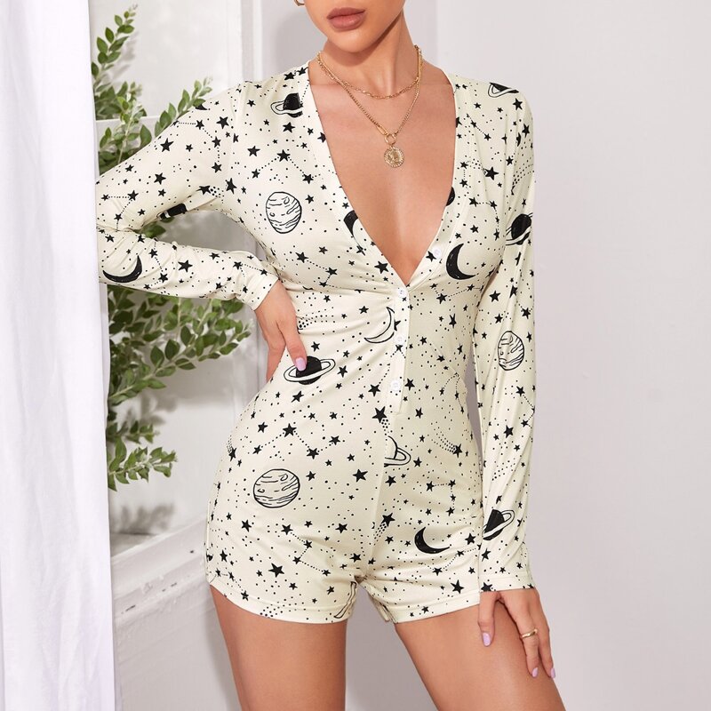 

Galaxy Print Plunging Pajama Onesie, Beige