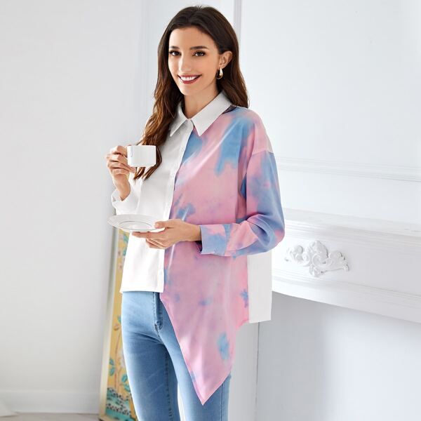 

Tie Dye Spliced Asymmetrical Hem Blouse, Multicolor