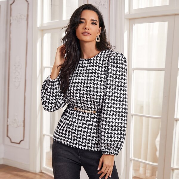 

Houndstooth Puffer Sleeve Blouse Without Belted, Black and white