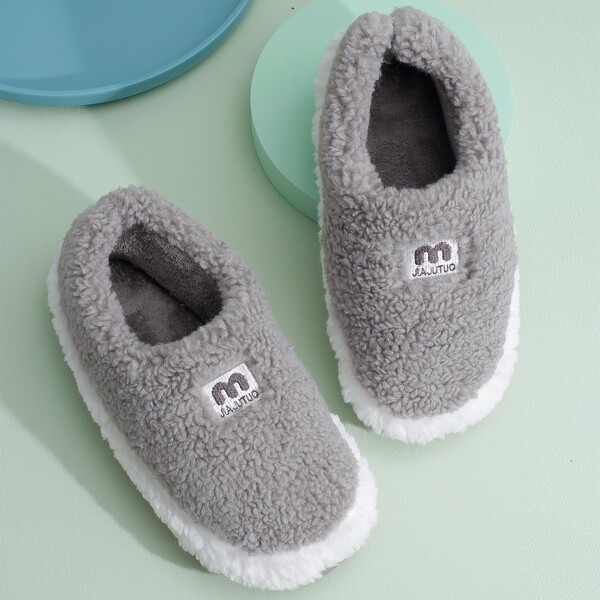 

Men Letter Embroidered Fluffy Slippers, Grey