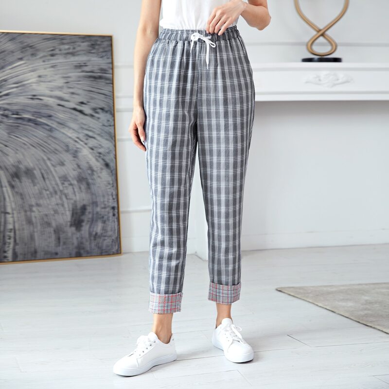 

Plaid Drawstring Waist Tapered Pants, Grey
