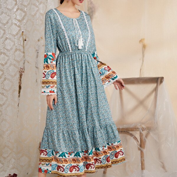 

Paisley Print Tassel Tie Front Ruffle Hem Dress, Cadet blue