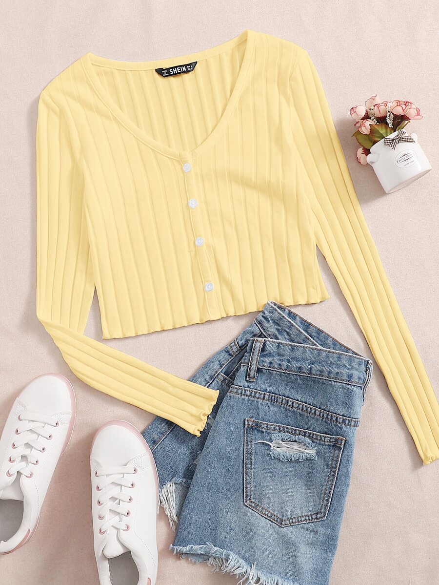 SHEIN Qutie Lettuce Trim Button Front Rib-knit Tee - Yellow - View 1