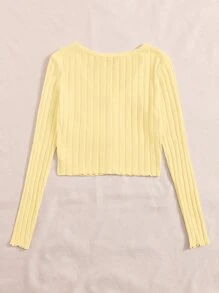 SHEIN Qutie Lettuce Trim Button Front Rib-knit Tee - Yellow - View 2
