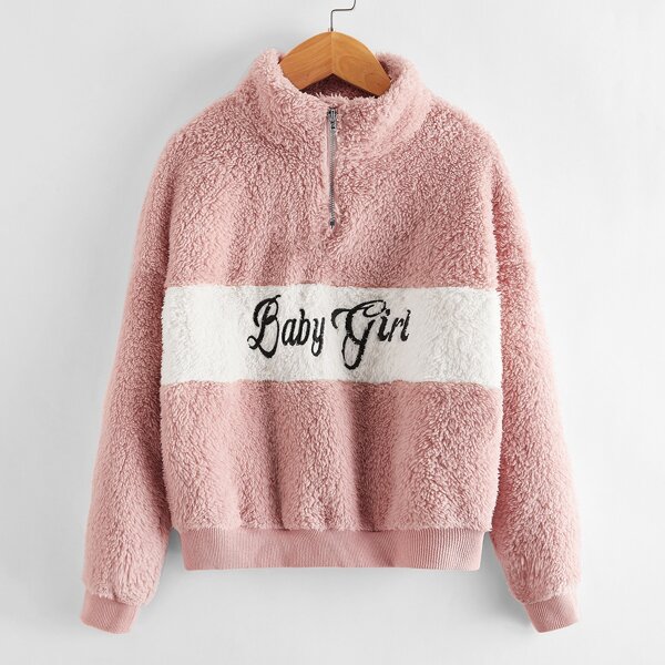 

Girls Letter Embroidery Zip Half Placket Teddy Pullover, Dusty pink