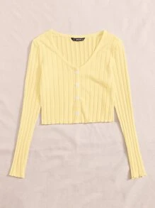 SHEIN Qutie Lettuce Trim Button Front Rib-knit Tee - Yellow - View 3