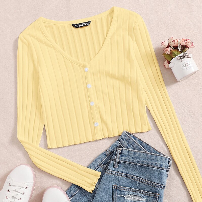 Lettuce Trim Button Front Rib-knit Tee, Yellow