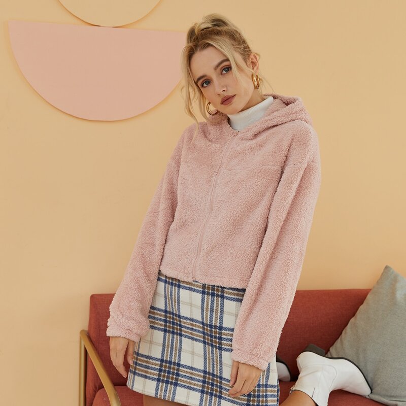 

Zip Hooded Teddy Jacket, Baby pink