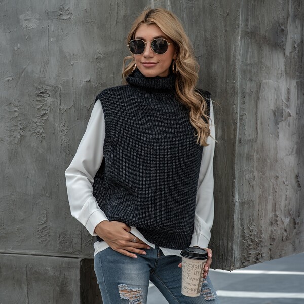

Turtleneck Split Back Sweater Vest, Dark grey