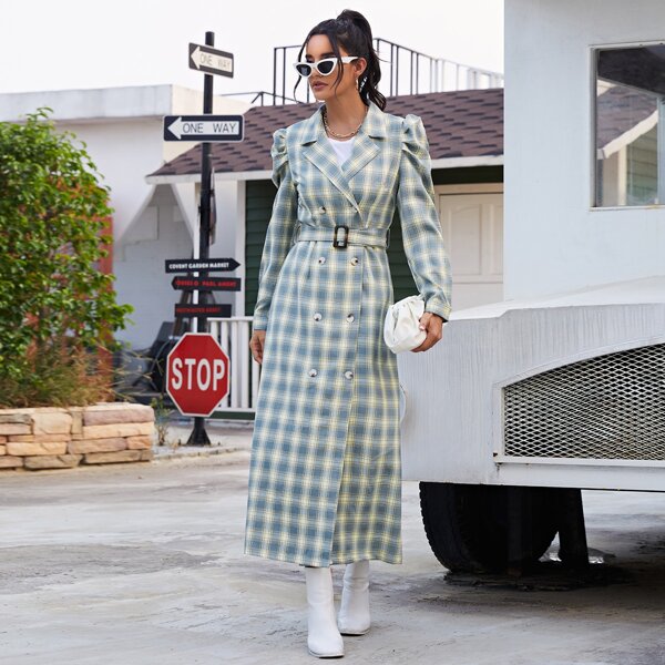 

Puff Sleeve Tartan Belted Pea Coat, Multicolor