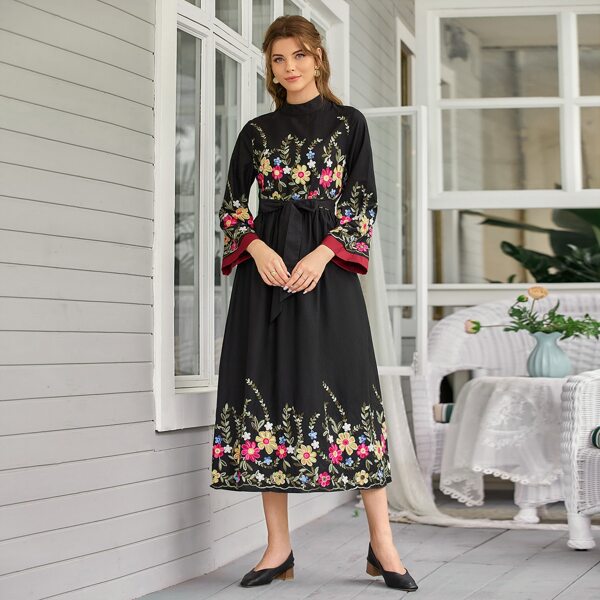 

Mock Neck Floral Embroidery Belted Dress, Black