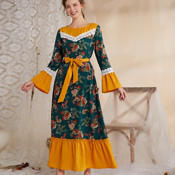 

Floral Print Lace Panel Belted Dress, Multicolor
