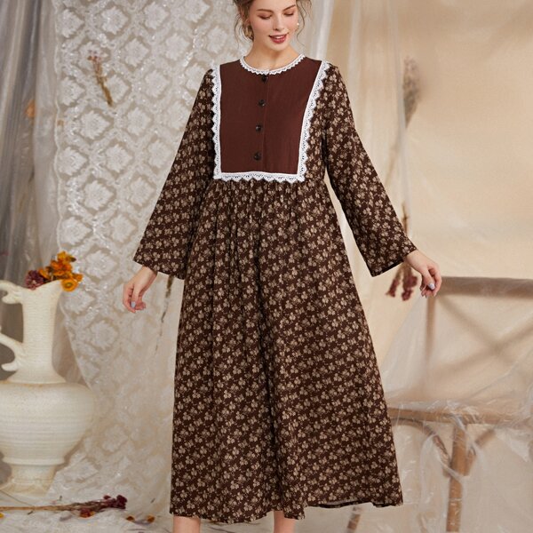 

Contrast Lace Trim Ditsy Floral Smock Dress, Multicolor