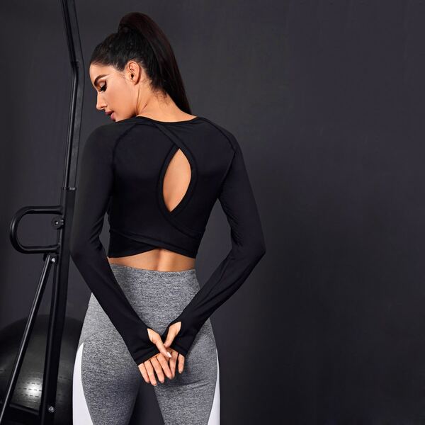 

Contrast Mesh Thumb Holes Sports Tee, Black
