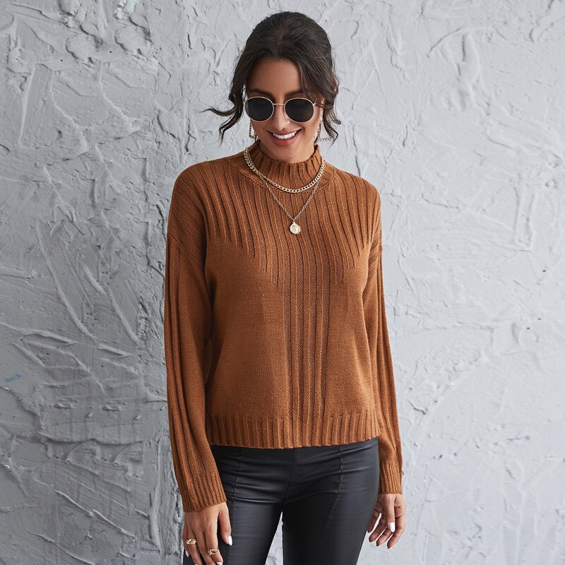 

Drop Shoulder Rib-knit Sweater, Brown