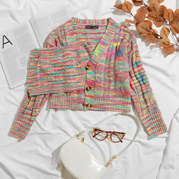 

Button Front Space Dye Cardigan With Tube, Multicolor