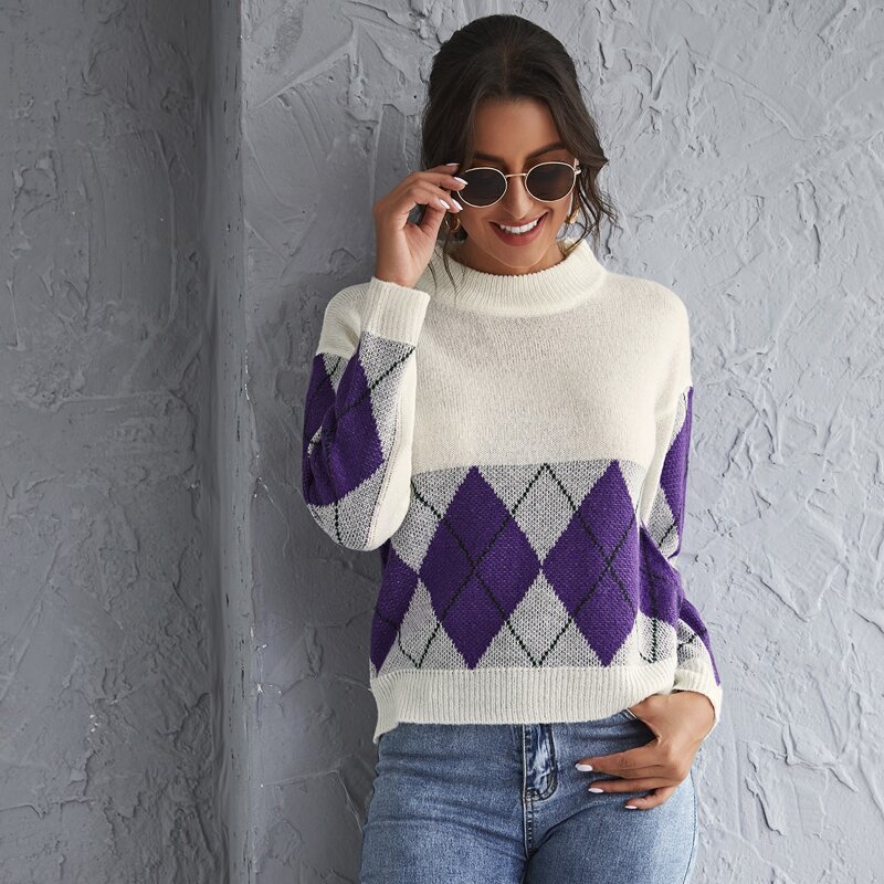 

Drop Shoulder Argyle Pattern Sweater, Multicolor