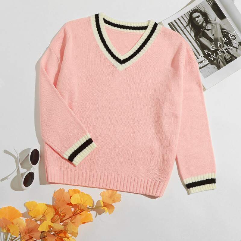 

V-neck Striped Trim Sweater, Pastel baby pink