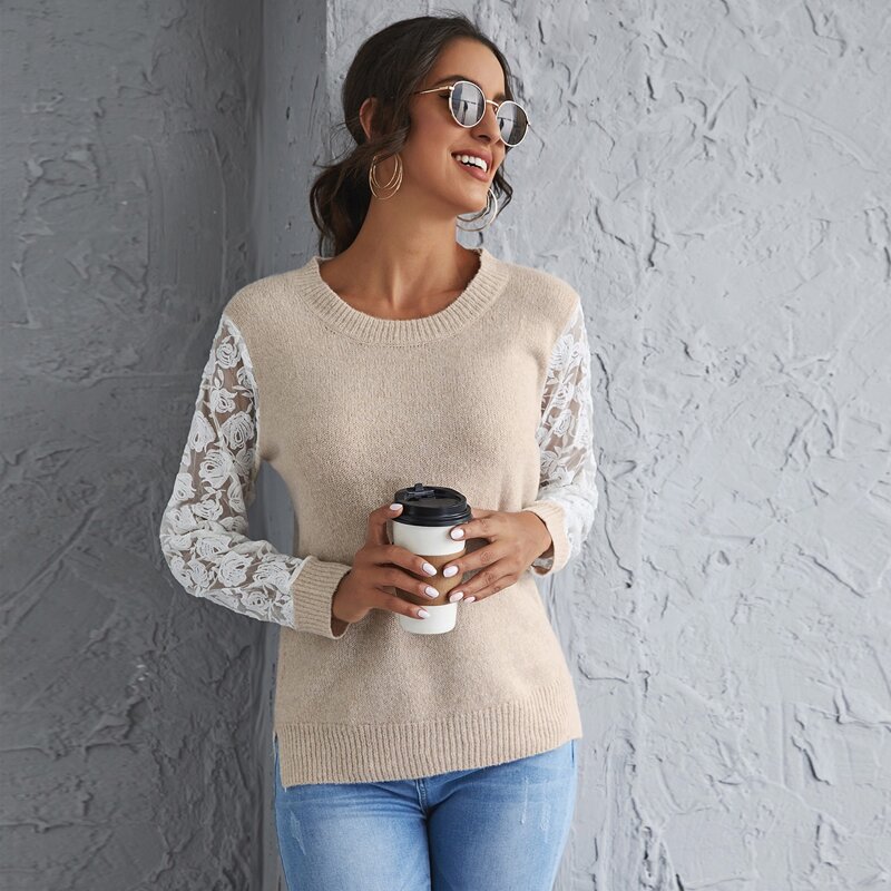 

Embroidered Mesh Sleeve Slit Hem Sweater, Apricot