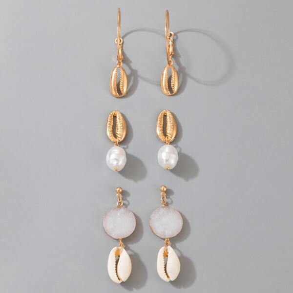 

3pairs Faux Pearl Shell Drop Earrings, Multicolor