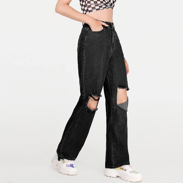 

Ripped Slant Pocket Boyfriend Jeans, Black
