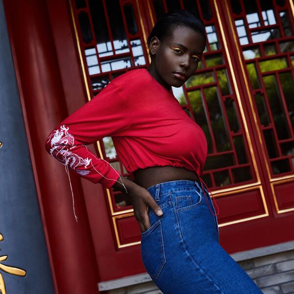 

Chinese Dragon Print Drawstring Hem Crop Sweatshirt, Red