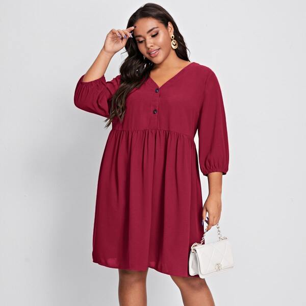 

Plus Bishop Sleeve Smock Dress, Rose red