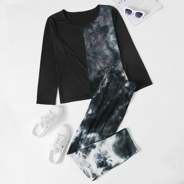

Plus Tie Dye Print Tee With Pants, Multicolor